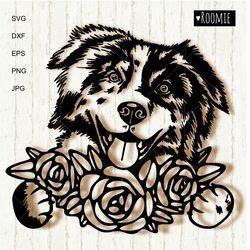 Australian shepherd with flowers SVG, Aussie svg, Peeking dog Shirt Design Decal Clipart Vector Cutfile Cricut Vinyl /45