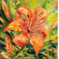 Orange Lily Painting Flower Original Art Floral Oil Painting Small flowers Wall Art 6 by 6