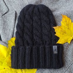 Warm black womens hand-knitted hat