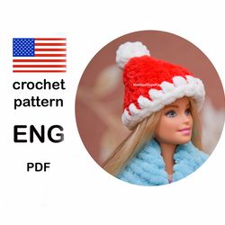 Christmas hat for Barbie crochet pattern, easy PDF download pattern for beginners, pattern for DIY Barbie outfit
