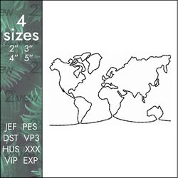 World map Embroidery Design, travel globe one line, 4 sizes