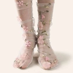 Floral embroidered sheer socks womens pink fashion socks mesh flowers cute design see through slouch socks
