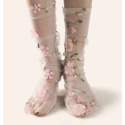 Floral embroidered sheer socks womens pink fashion socks mesh flowers cute design see through slouch socks