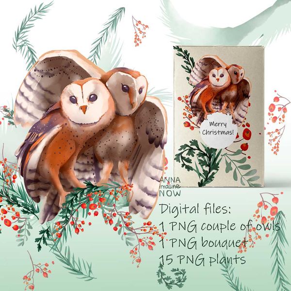 A couple of barn owls winter Christmas mood for your creativity. Cold bouquets of needles, rowan berries, hawthorn in this collection. Green, menthol, winter pl
