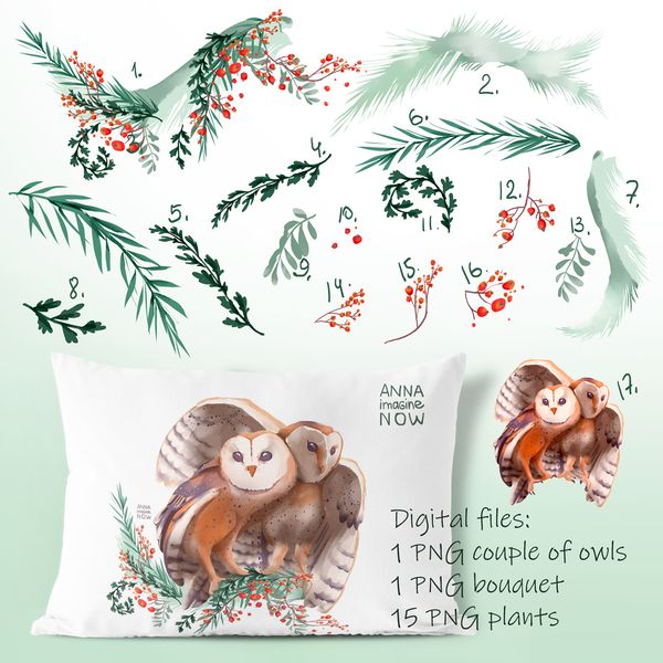 A couple of barn owls winter Christmas mood for your creativity. Cold bouquets of needles, rowan berries, hawthorn in this collection. Green, menthol, winter pl