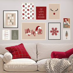 Boho Christmas Set of 10 Prints, Modern Christmas Tree Print, Christmas Line Art, Holiday Decor, Rudolph Art, Snowflake