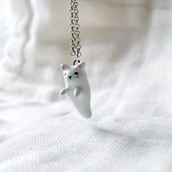 Ceramic cat ghost pendant Ghost kitty necklace Cute cat totem Cat lover gift Porcelain kitten charm Whimsical ceramics