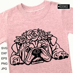 american bulldog with flower crown svg, english bulldog svg, peeking dog shirt design car decal clipart cut file /100