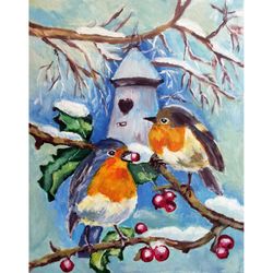 robin painting original, colorful birds acrylic painting. christmas home decor, winter bird house wall art