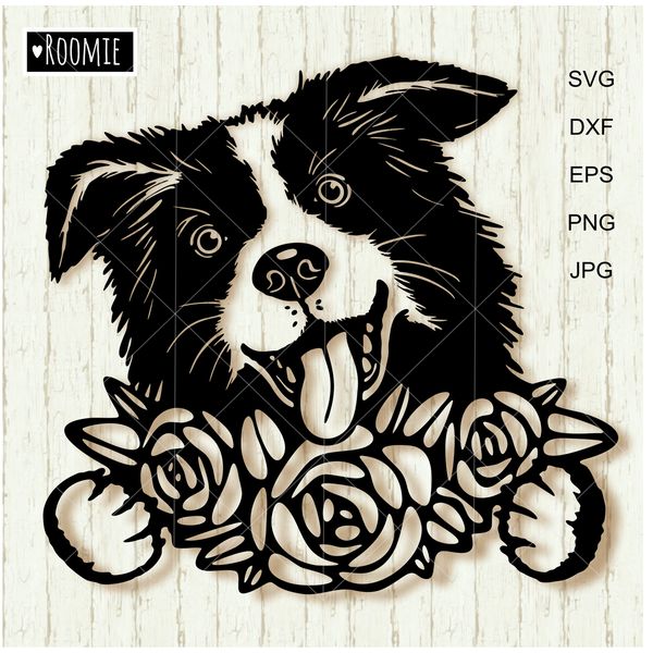 Border-collie-with-flowers-black-and-white-clipart.jpg