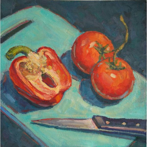 Tomatoes and peppers Oil Painting Original Art Still life Red vegetables