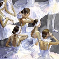 Ballerinas White Swans. Original watercolor painting 8x8''