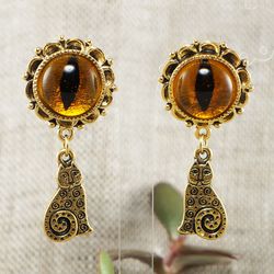 Cat Eye Earrings Evil Eye Orange Yellow Glass Gold Plated Cat Long Dangle Statement Earrings Cat Lover Gift Jewelry 6560