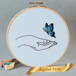 Blue butterfly pattern pdf embroidery, Easy embroidery DIY