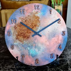 Art wall clock Brown blue rusty color wall clock Silent wall clock Rustic clock Farmhouse wall clock Hand painted clock
