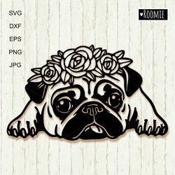 pug dog with flowers svg clipart for cricut, pet portrait, dog shirt design car decal vector cut file cricut vinyl /112