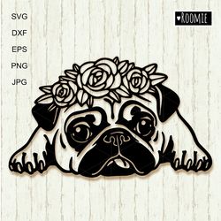 Pug Dog With Flowers Svg Clipart For Cricut, Pet Portrait, Dog Shirt Design Car Decal Vector Cut file Cricut Vinyl /112