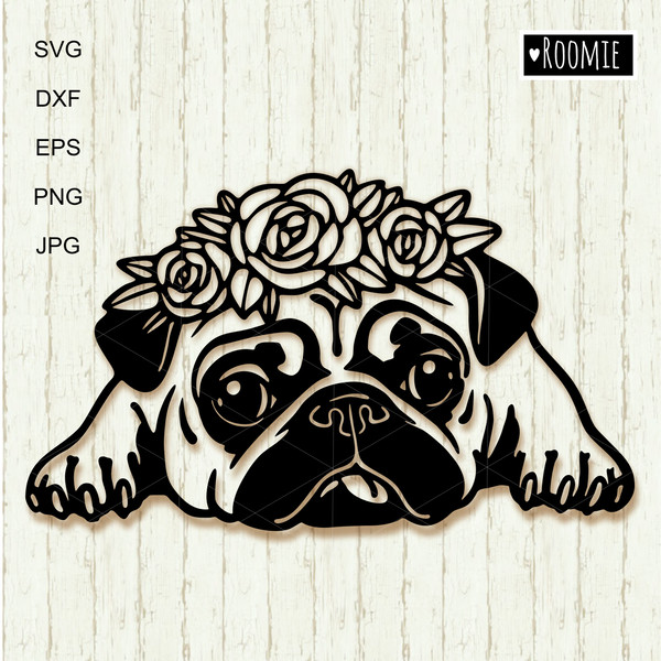 Pug-dog-with-flower-crown-black-and-white-clipart.jpg