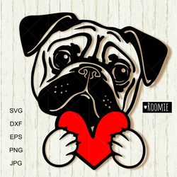 Pug Dog With Valentine Heart Svg Clipart, Pet Portrait, Love Pugs, Dog Shirt Design Vector Cut file Cricut Vinyl /113