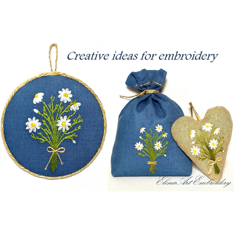 Embroidery Flowers Pattern for Beginner. Stitch Guide Needlepoint. Floral Bouquet Embroidered Design. Chamomile Flower Embroidery. Daisy Floral Bouquet Embroide