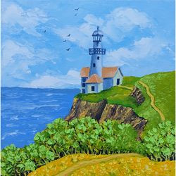 Lighthouse Painting Landscape Original Art Seascape Wall Art Small Oil Painting