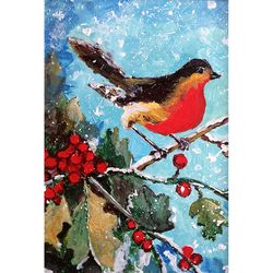 Winter Bird Painting, Christmas artwork, original acrylic painting, Bird and red berries Wall Art