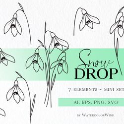 Snowdrop Birth Month Flower SVG files, Snow Drop Flower Stem Line Drawing for Instant Download