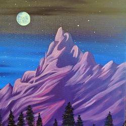 Moonlit Night Original Wall Art, Mountain Night Sky Original Painting, Starry Sky Original Wall Decor, Mountain Painting