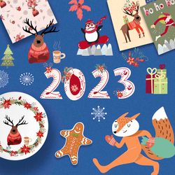 Christmas hand drawn clipart, Merry christmas alphabet, Christmas tree, penguins, snowmen, fox, reindeer, patterns, card