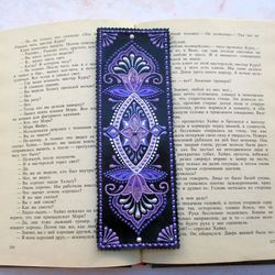Purple painted bookmark, Leather bookmark, Personalized bookmark, Bookmark for women, Book lover gift, Custom bookmark