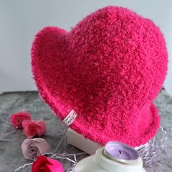 Fluffy bucket hat, Fluffy Hat, Boucle hat, Pink bouquet hat, Winter accessories, Pink hat.