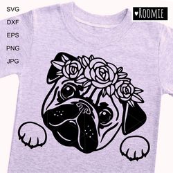 peeking pug dog with flowers shirt design svg clipart for cricut, pet portrait, decal vector cut file cricut vinyl /116