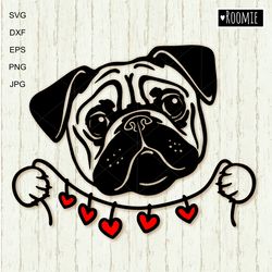 Pug Dog With Hearts Shirt Design Svg Clipart For Cricut, Love Pugs Portrait, Decal Vector Cut file Cricut /117
