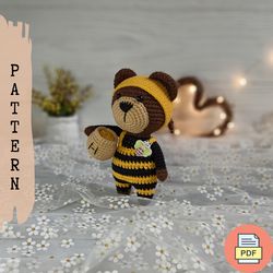 Honey Bear Crochet Pattern PDF, Stuffed Animal Amigurumi Pattern, Crochet Bear in Bee Costume Pattern, Kawaii Teddy Bear