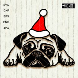 Pug Dog With Santa Hat Shirt Design Svg Clipart For Cricut, Christmas Pug, Decal Vector Cut file Cricut Vinyl /187