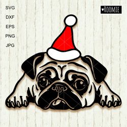 pug dog with santa hat shirt design svg clipart for cricut, christmas pug, decal vector cut file cricut vinyl /187