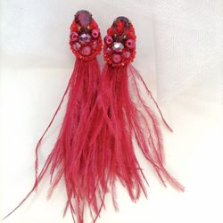 Feather earrings, Red feather earrings, Red earrings, Crystal earrings, Jewelry, Accessories