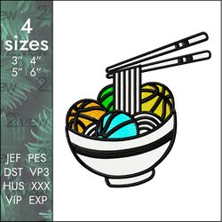 basketball noodles embroidery design, ball in a bowl, 4 sizes