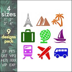 Traveler Embroidery Design pack, 9 travel designs, 4 sizes