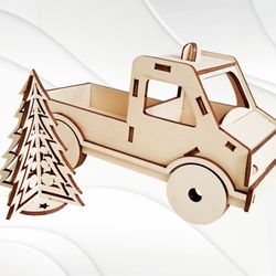 Christmas truck with tree, laser cutting design. Cut pattern.