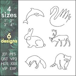 Animals Embroidery Design pack, one line, 6 simple designs, 4 sizes