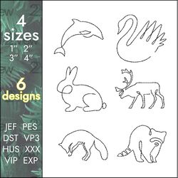 animals embroidery design pack, one line, 6 simple designs, 4 sizes