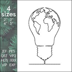 Lightbulb Embroidery Design, light bulb world map idea one line, 4 sizes