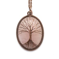 Rose Quartz Necklace Wedding Anniversary Gift For Wife Anxiety Relief Necklace Protection Copper Wire Wrapped Jewelry