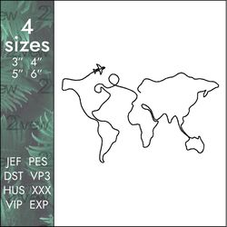 World map Embroidery Design, air travel globe, airbus, 4 sizes