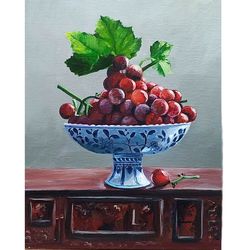 grape painting, still life painting, vase painting, fruit artwork, 8 by 10 inches