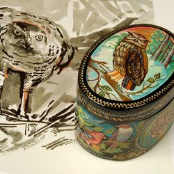 Wildlife birds lacquer box hand painted winter art gift