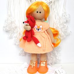 Handmade doll with little fox  Gift set for girl Personalized crochet doll Tilda doll Christmas gift