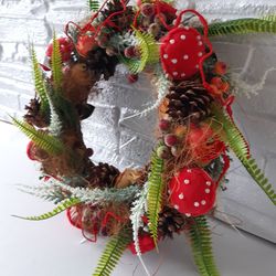 Wreath with fly agarics and flowers.Wreath for front door.Handmade Table decor.