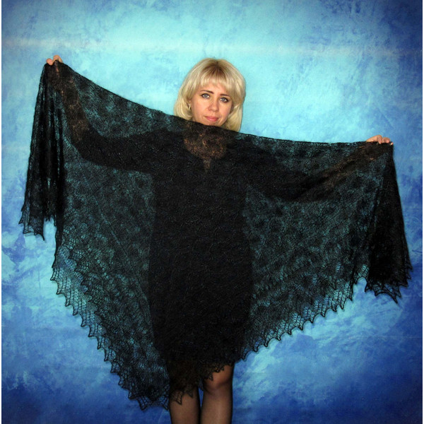 Hand-knit-warm-black-Russian-Orenburg-goat-down-shawl, Wool-wrap, Mourning-cover up, Stole, Lace-cape, Big fluffy scarf.JPG